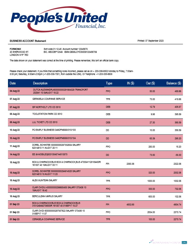 Download People’s United Bank business statement Word and PDF template Photoshop template